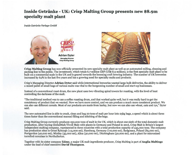 Article sur l'investissement du Groupe Crisp Malting dans une nouvelle usine de malt de spécialité