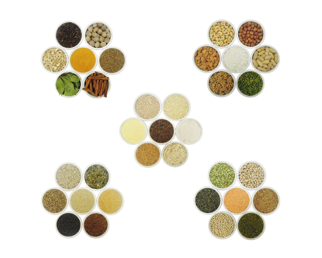 Cereal products, nuts, seeds, herbs, spices, pulses